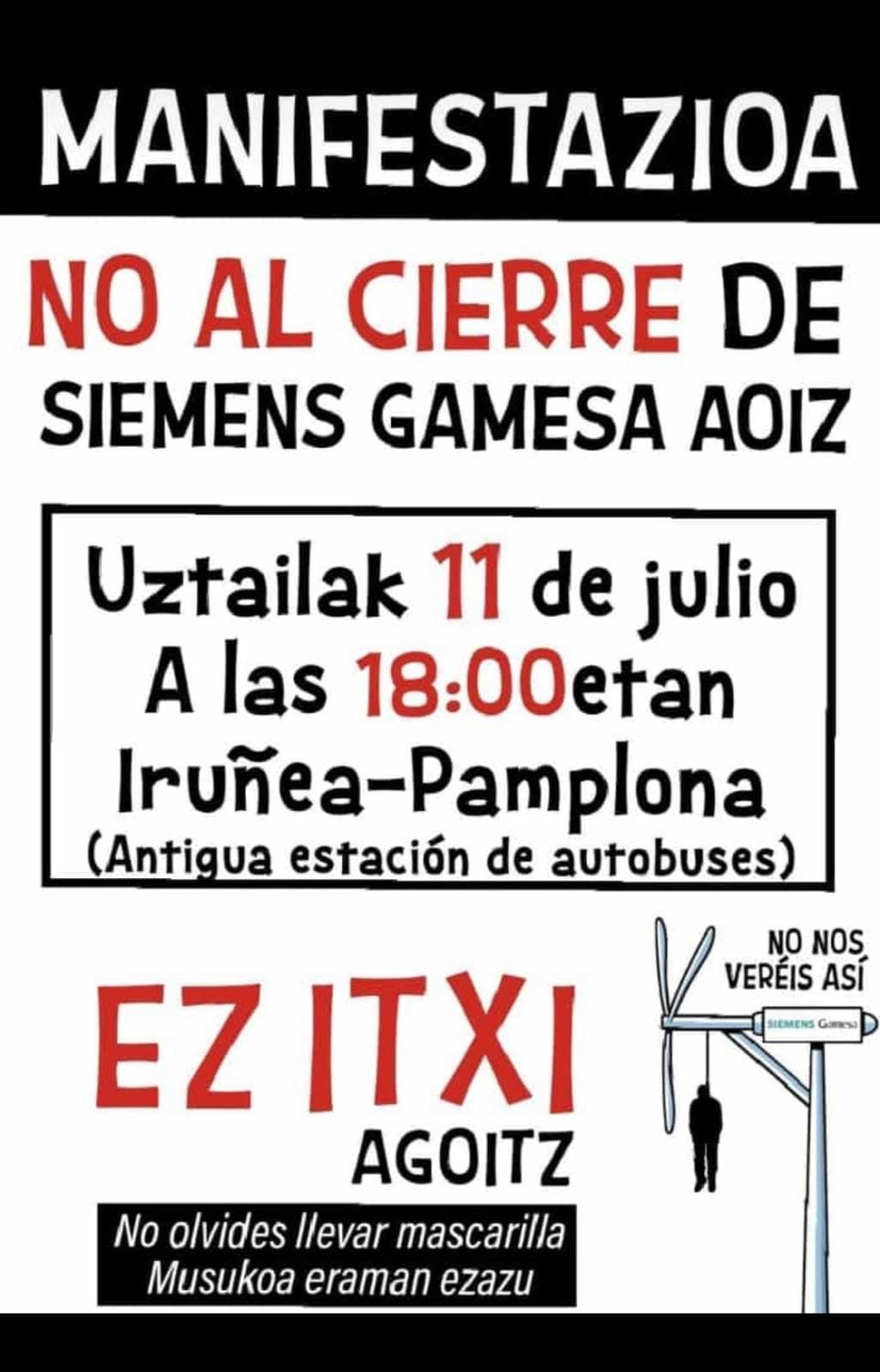 El Partido Comunista llama a la participación en la manifestación contra el cierre de Siemens-Gamesa Aoiz. Ez Itxi!