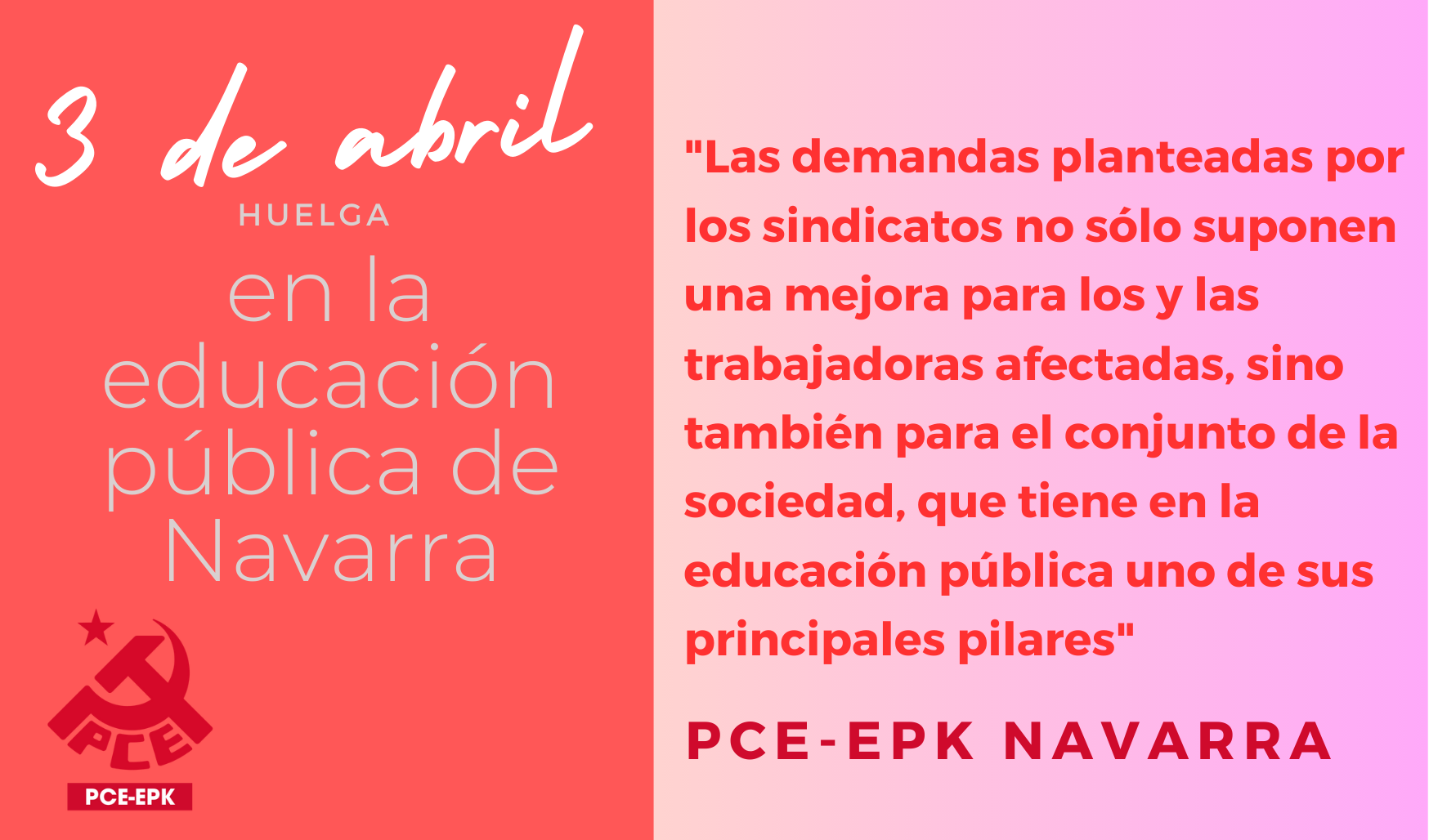 El PCE-EPK apoya la huelga del 3 de abril en defensa de la educación pública e insta al Gobierno de Navarra a negociar las demandas de los sindicatos